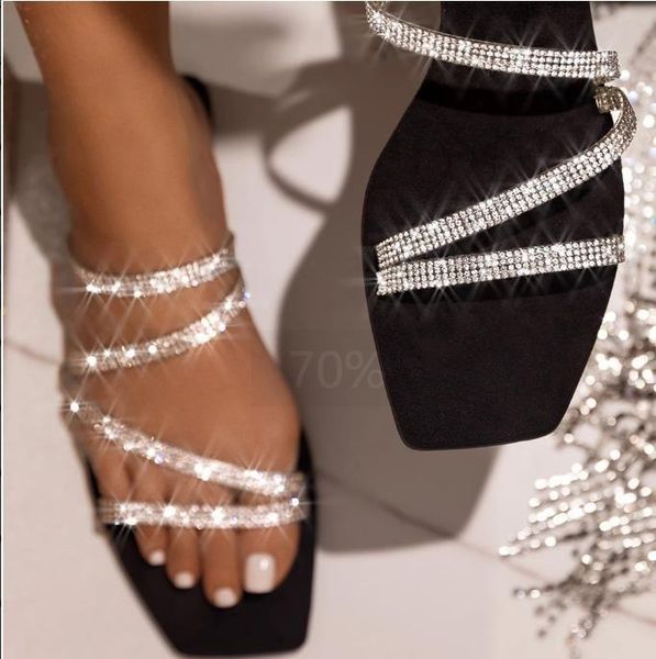 

summer women sandals diamonds rainbow crystal shiny slip-on cut out ladies flat outdoor holiday slides, Black