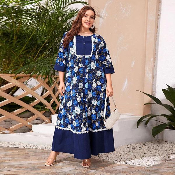 

plus size dresses 2021 women summer long dress holiday blue vintage casual botton mori floral print patchwork loose half sleeve robe, Black