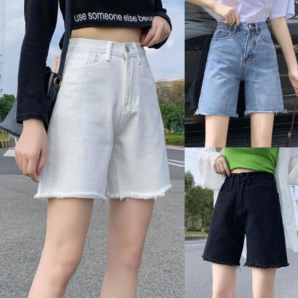 

women's shorts summer women solid color high waist pockets denim straight short pants for daily life, White;black