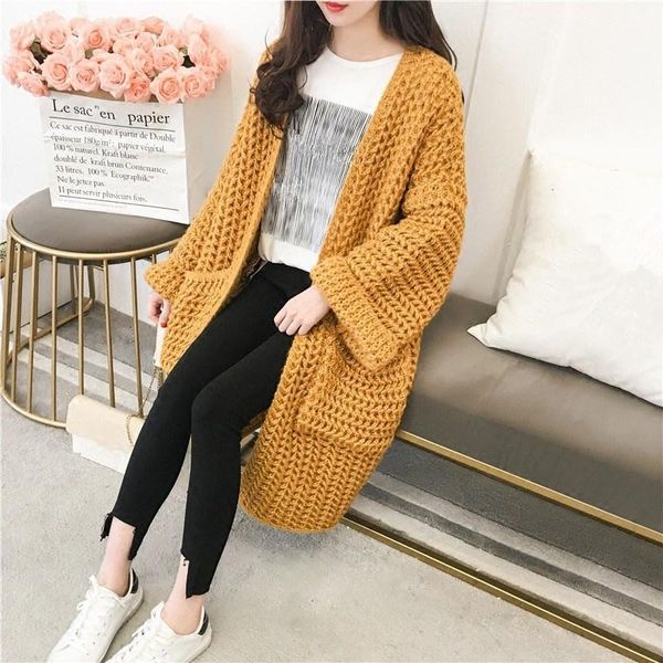 

women's sweaters 2021 autumn winter women solid knitted cardigan coats pocket coarse line long flare sleeved loose outerwear, White;black