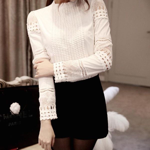 

women korean clothes blouse floral lace button down long sleeve casual solid work tee shirt women's blouses & shirts, White