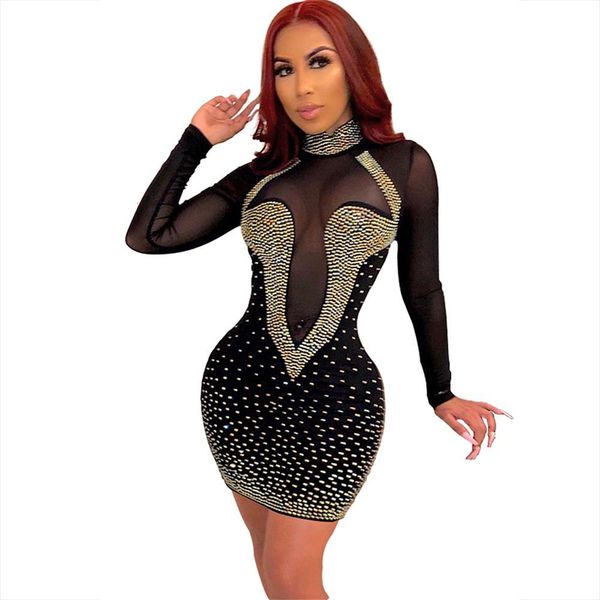 

dresses winter long sleeve studded women designer fashion party vestido, Black;gray