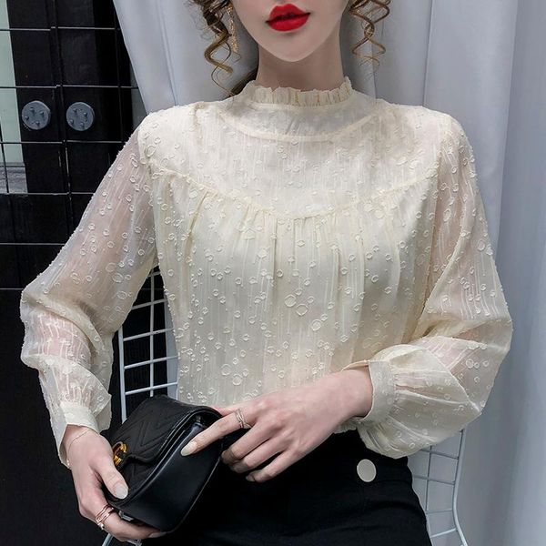 

women's blouses & shirts chiffon shirt 2021 spring long sleeve blouse elegant loose puff white women