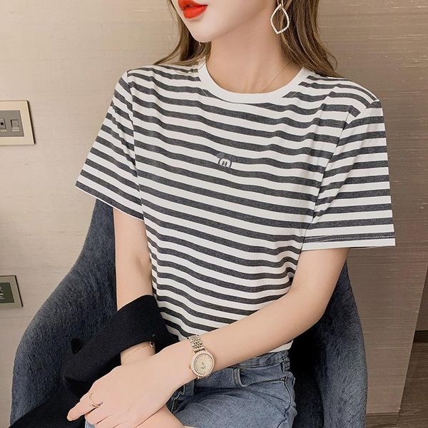 

women's t-shirt fashion o collar stripe t shirt women harajuku tshirt short sleeve streetwear ladies 2021 summer female, White