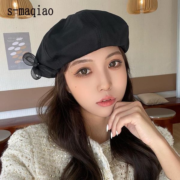 

berets women fashion beret solid bow cap leather french artist warm beanie hat female ladies all-match adjustable, Blue;gray