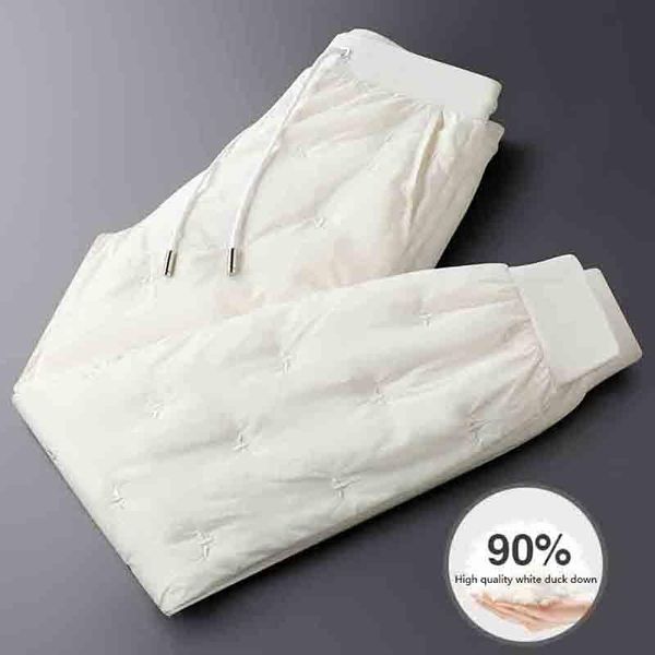 Calças masculinas para baixo exterior desgaste moda espessa zíper bolsos branco pato quente calças esportivas inverno