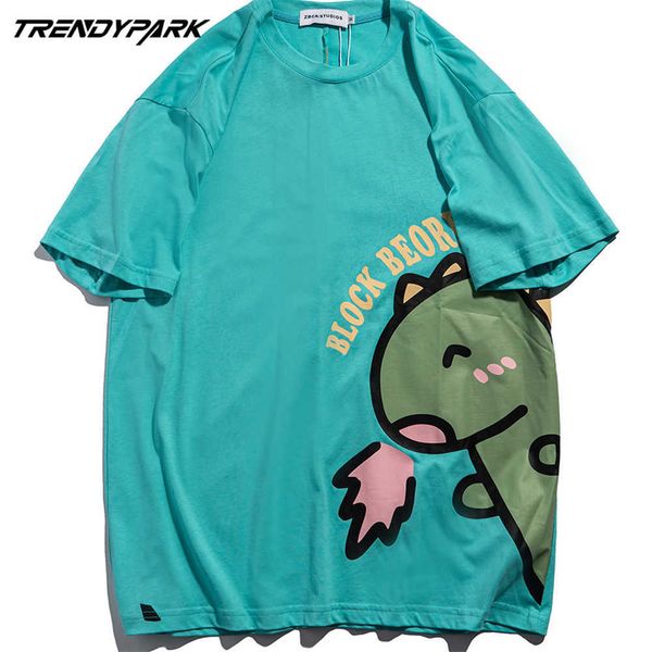 

hip hop t-shirt streetwear harajuku cartoon dinosaur print t shirt men summer short sleeve tshirt cotton casual tees 210601, White;black