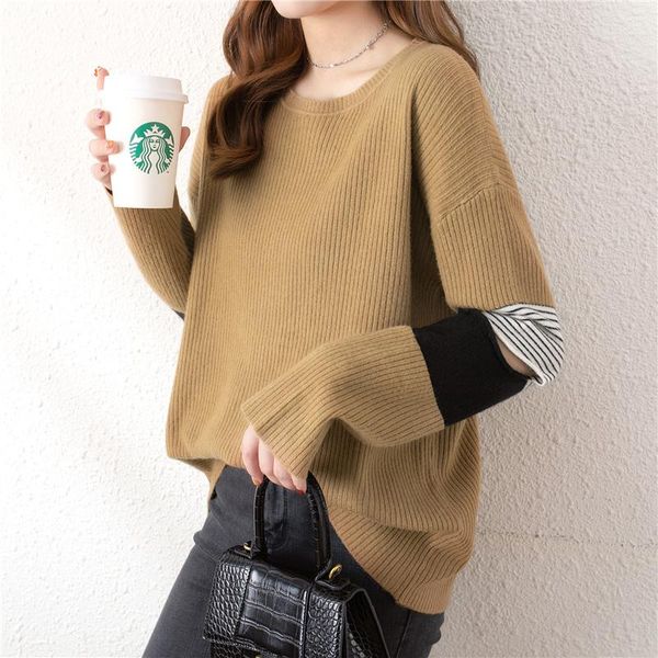 

women's sweaters room 217926, row 7, no. 6 (] real shooting round neck sleeve color matching hole pullover sweater [1675] 49, White;black
