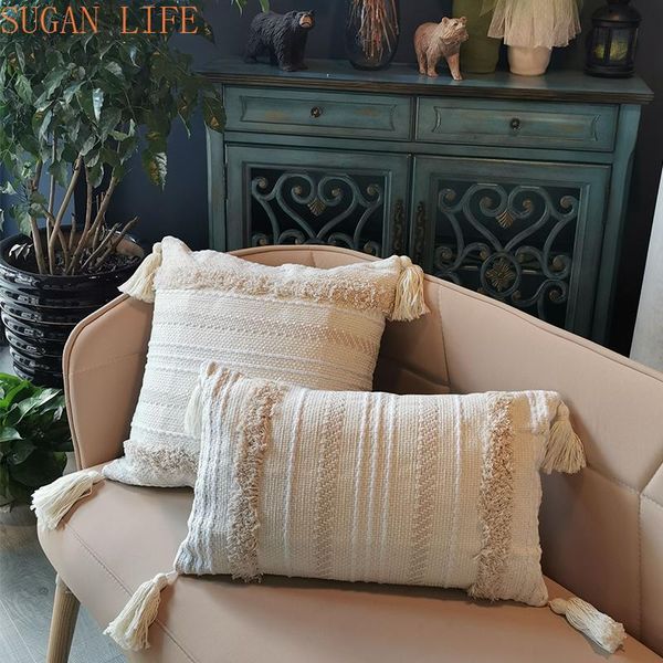 

2pcs cojines decorativos para sofa morocco geometric beige white tufted tassel cushion cover christmas pillow harry styles cushion/decorativ