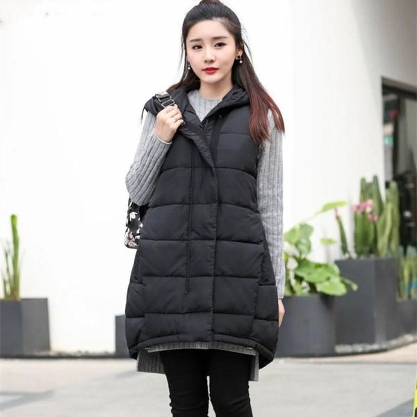 

women's vests 4xl loose white cotton women plus size thick warm long coat solid winter casual a-line hooded sleeveless jacket, Black;white