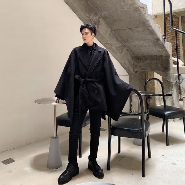 

men's wool & blends male streetwear vintage hip hop gothic sashes outerwear coat stage clothing men winter oversize loose casual woolen, Black