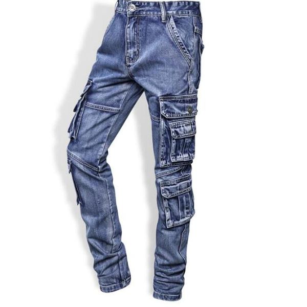 

men's jeans multi pockets tactical denim pants male outdoor casual, Blue