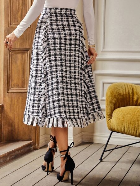 

high waist plaid raw trim tweed skirt q2d5#, Black