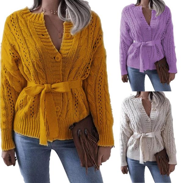 

women's knits & tees women buttons open front sweater with waistband solid color knitted cardigan, White