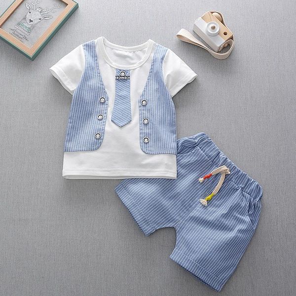 

summer baby boys clothes short sleeve fake tie print shirts+striped shorts kid clothing sets 13, White