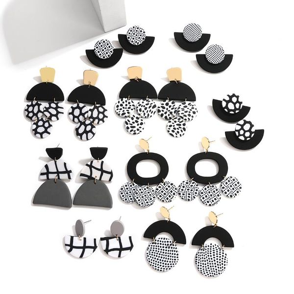 

dangle & chandelier aensoa trendy black white dots polymer clay earring unusual abstract pattern geometric pendant earrings for women, Silver