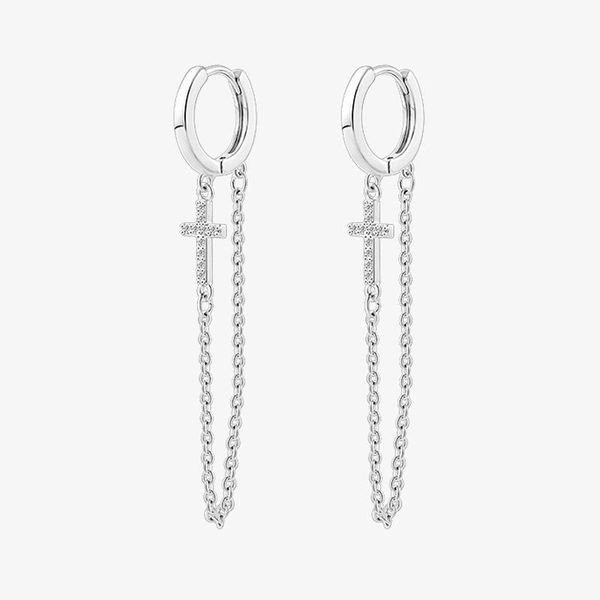 

punk hip hop style silver cross chain stud earring 925 inlaid zircon tassels earrings for cool women girl birthday gift jewelry, Golden;silver