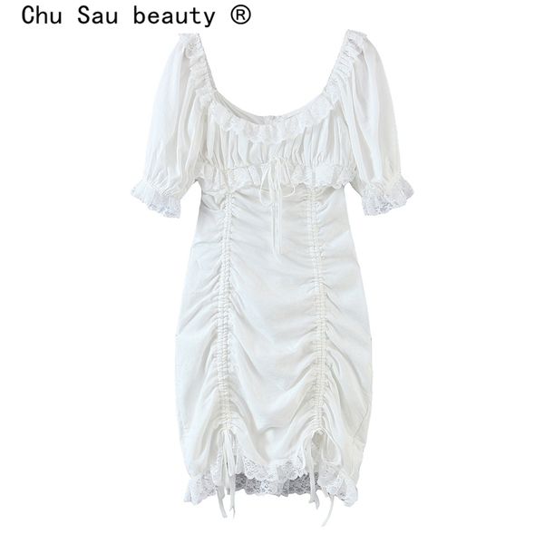 

fashion french sweet lace patchwork mini dress women party evening o-neck short sleeve slim dresses female vestido de moda 210508, Black;gray