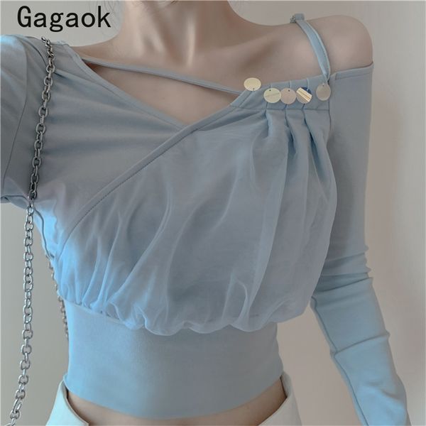 

woman tshirts spring autumn solid skew collar short sequins tee slim korean navel wild fashion pullovers 210531, White
