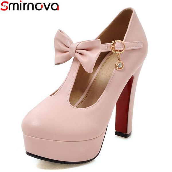 

smirnova plus size 33-47 2021 fashion pu leather women pumps round toe platform t-tied buckle party shoes dress, Black