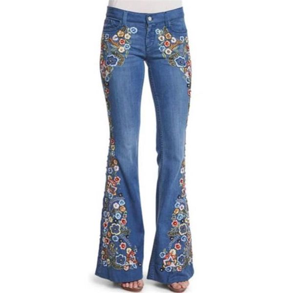 

women flower embroidery flare jeans elegant plus size pants denim female casual long trousers women's, Blue