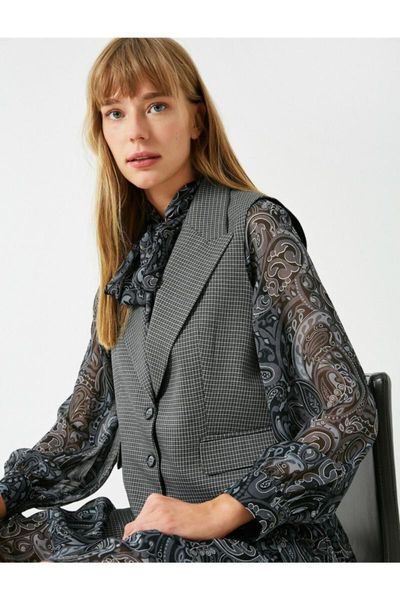 

women's vests koton women gray pocket detailed plaids blazer vest, Black;white