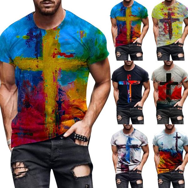 

men's t-shirts spring and summer street fashion casual cross print round neck short sleeveie-dye all-match oversized t-shirt, White;black