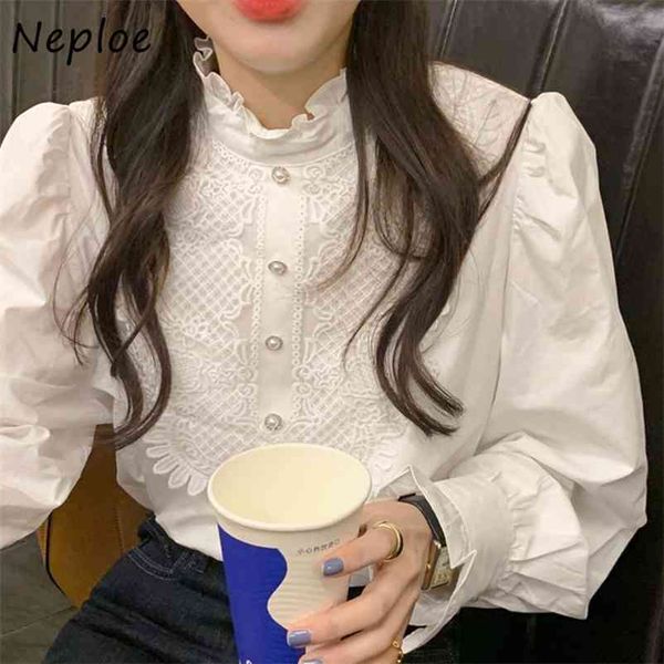 

korean wooden ear lace hook flower patch elegant blouse women stand collar long sleeve single breast blusas slim shirt 210422, White
