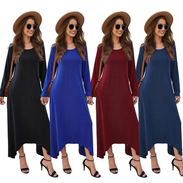 

women long sleeves round neck dress solid color casual loose with pockets dresses, Black;gray