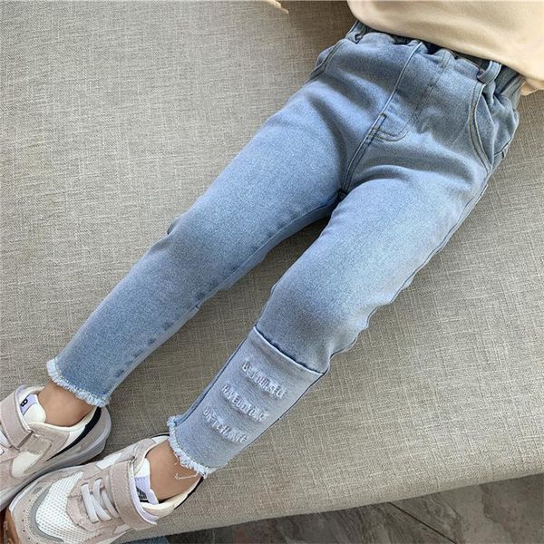 

girls slim jeans 2021 spring korean children's clothing letter embroidered pencil pants foot trousers, Blue