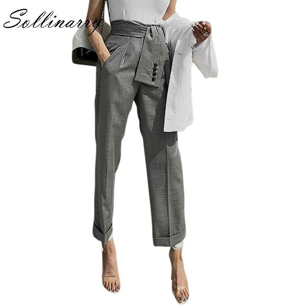 

women's pants & capris sollinarry casual button solid high waist women spring belt tie bow trousers office lady street wear skinny long, Black;white