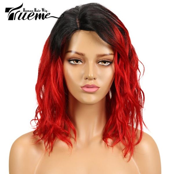 

lace wigs trueme ombre 1b/red short wig brazilian natural wave remy human hair side part front fashion cosplay, Black;brown