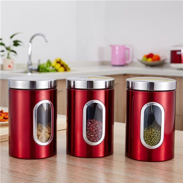

storage bottles & jars 3 pcs stainless steel food container jar sealed can portable tank box seasoning (black set)