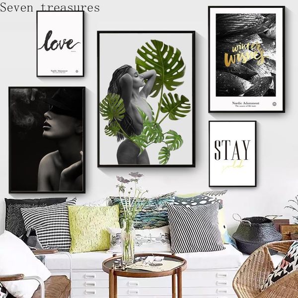 

paintings black & white female portraits wall art banana leaf girl love nordic poster canvas print picture home room decorpainting