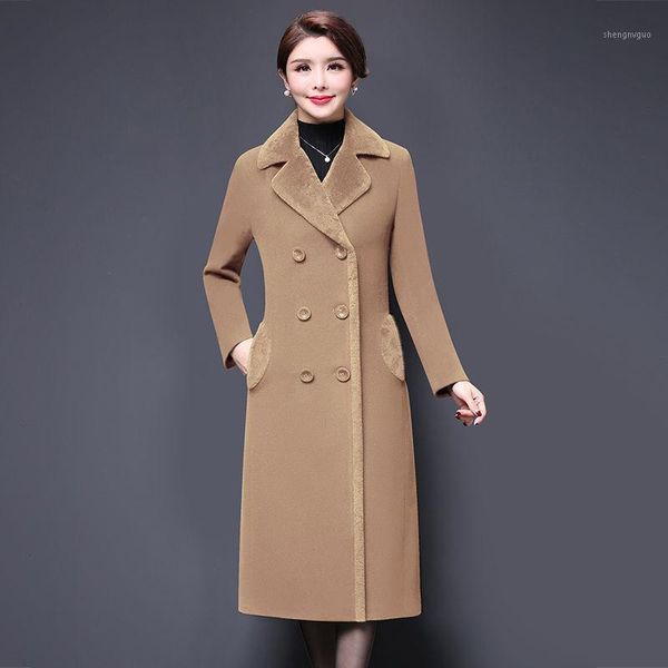 

women's wool & blends 2021 spring autumn women jacket long double breasted woolen coat slim outwear casual turndown collar basic female, Black