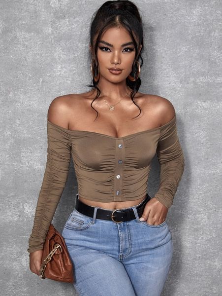 

sxy off shoulder button front ruched crop b1ap#, White