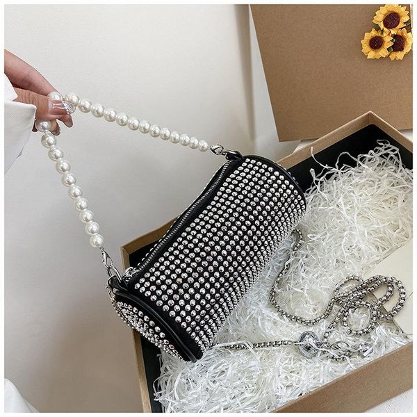 

evening bags fashion women shiny rhinestone cylinder bag pearl handle handbag chain armpit personalized shoulder lady messenger