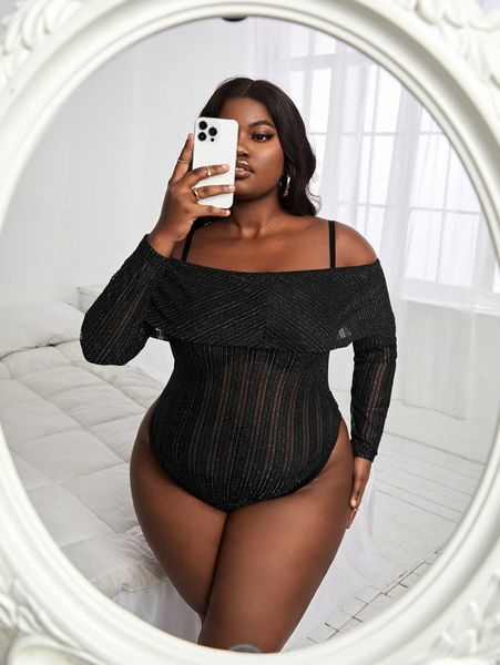 

sxy plus cold shoulder overlay mesh bodysuit without lingerie s8ki#, Black