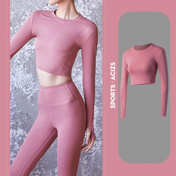 

yoga outfits 2021 wear long-sleeved thin stretch navel fitness breathable quick-drying slim tights, White;red