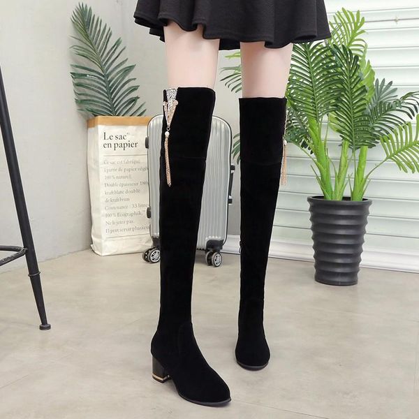 

boots the listing women high mature over-the-knee round toe mid heel elastic female slip-on fishion shoes, Black
