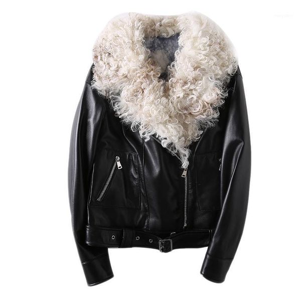 

women's leather & faux 100% real sheepskin coat female winter luxury wool fur duck down jacket women korean genuine montone w2145, Black
