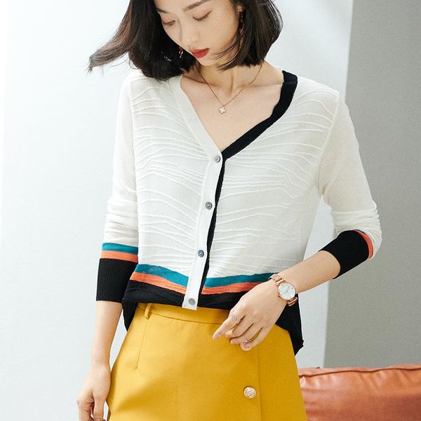 

women's knits & tees spring v-neck knitted cardigan middle long versatile korean fashion sweater coat, White