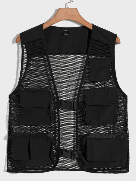 

men fishnet insert flap pocket buckle vest jacket b5mi#, Black;brown