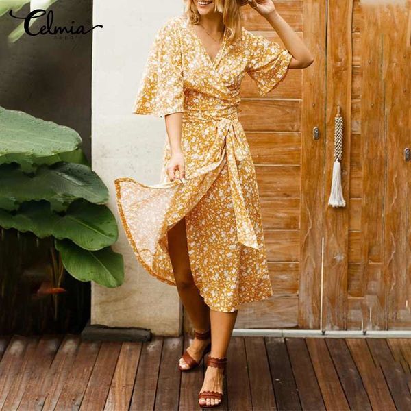 

dresses celmia bohemian floral printed warpped midi dress women v-neck sundress 2021 summer flare sleeve party belted vestidos 5xl, Black;gray