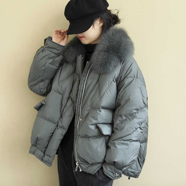 

winter new loose and thin fox fur collar down jacket women's short literary long sleeve warm white duck down jacket, Black