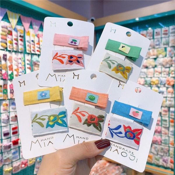 

hair accessories 2021 fashion children's vintage simple embroidery flower square bb clip sweet girl fruit fabric hairpin, Slivery;white