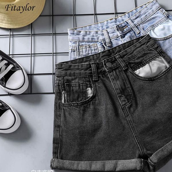 

fitaylor 2021 summer high waist women wide leg blue denim shorts vintage female solid color casual loose jeans women's, White;black