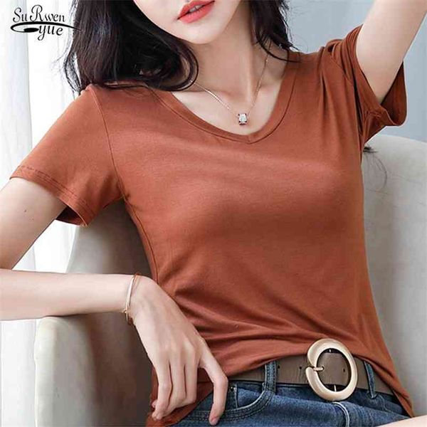 

fashion solid color women t-shirts cotton plus size ladies casual v neck summer female clothing blusas mujer 13462 210521, White