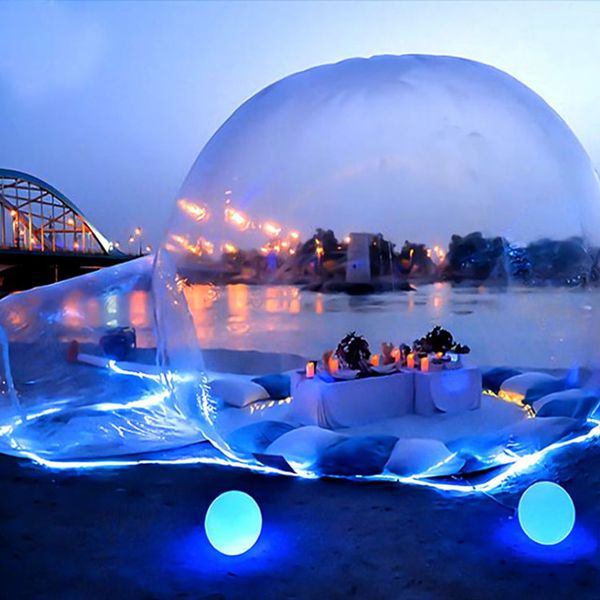 

outdoor 4m dia camping clear inflatable bubble tent house air dome igloo transparent with single tunnel,tow rooms privacy tents