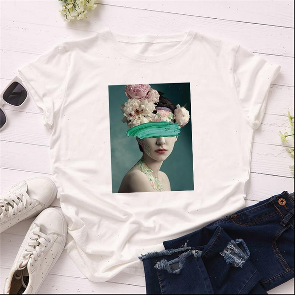 

womens super soft polyester women t shirts summer short sleeve casual white o neck floral print aesthetics